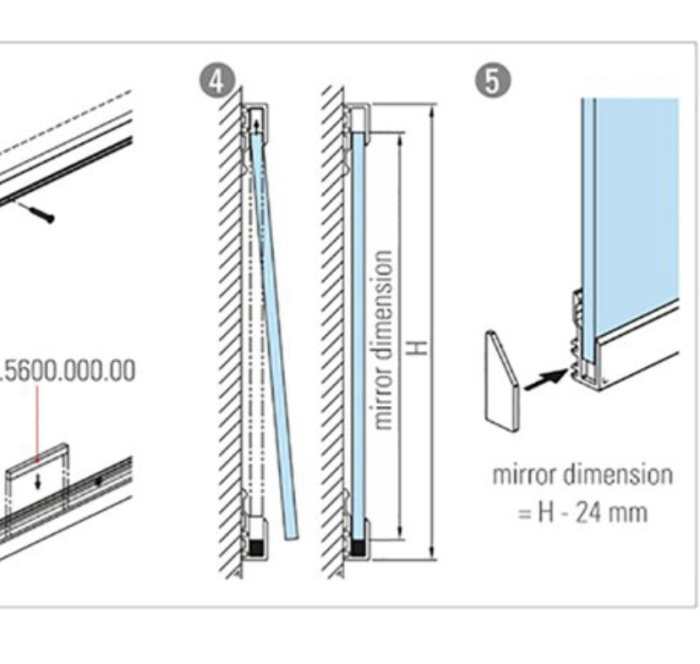 Instruktionsdiagram som visar hur man monterar en stor spegel på en vägg med hjälp av en profil.