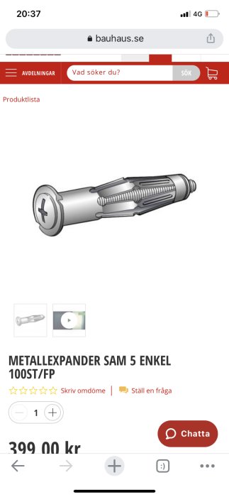 Skärmdump från Bauhaus webbplats som visar en metallskruvexpander på en produktlista.