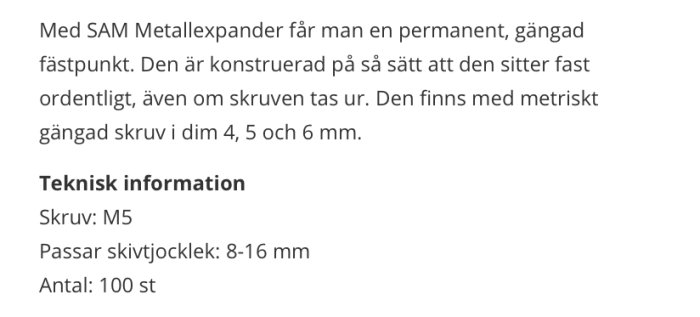 Text från foruminlägg som beskriver en SAM Metallexpanders funktion och tekniska specifikationer, inklusive skruvstorlek M5.