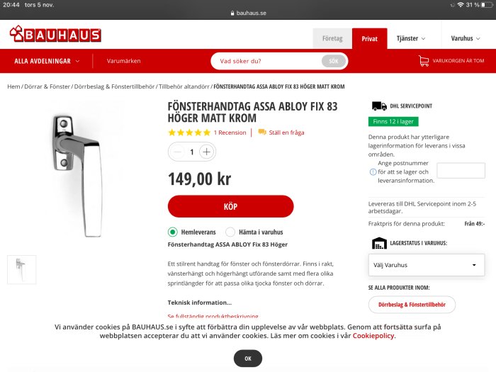 Skärmbild av Bauhaus webbplats som visar en fönsterhandtag produkt för 149 kr.