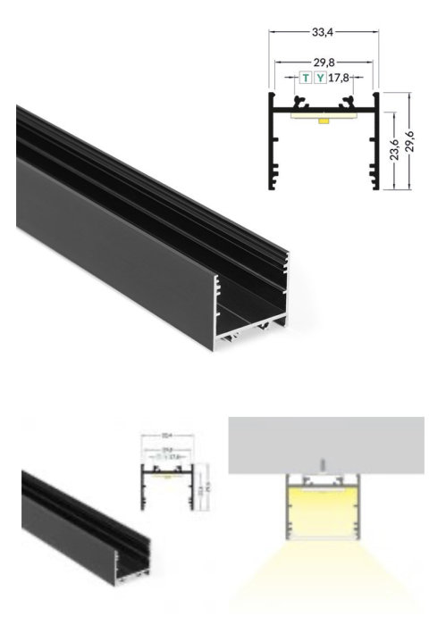 Svart aluminiumprofil för LED-strip montering med tekniska mått och snittvisning.