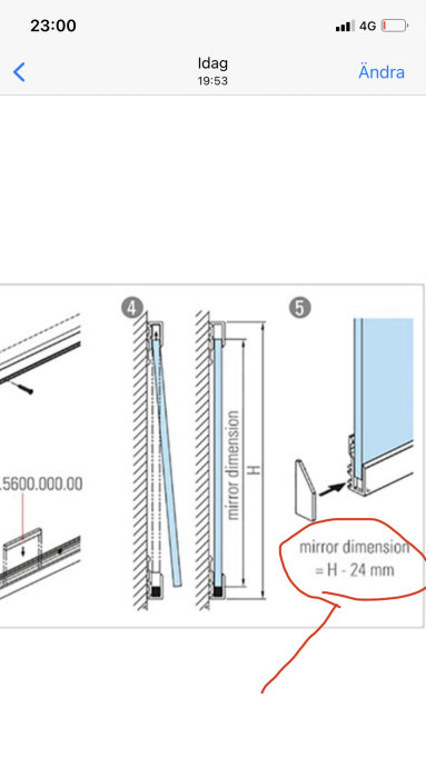 Skärmdump av en bygginstruktion med markerade mått för spegelglas, angivet som "H - 24 mm".