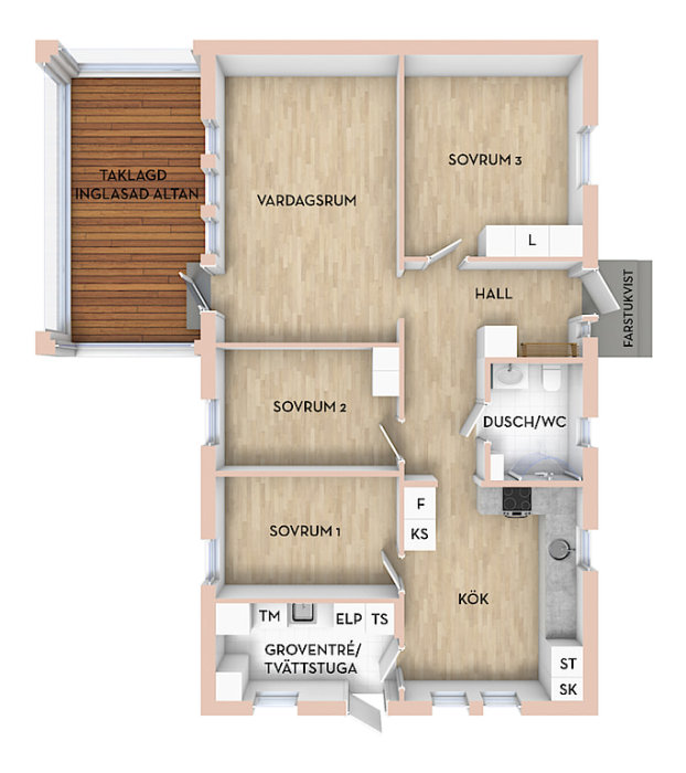 Planskiss av en 1-plans villa med beteckningar för rum som vardagsrum, sovrum och kök, samt en inglasad altan.