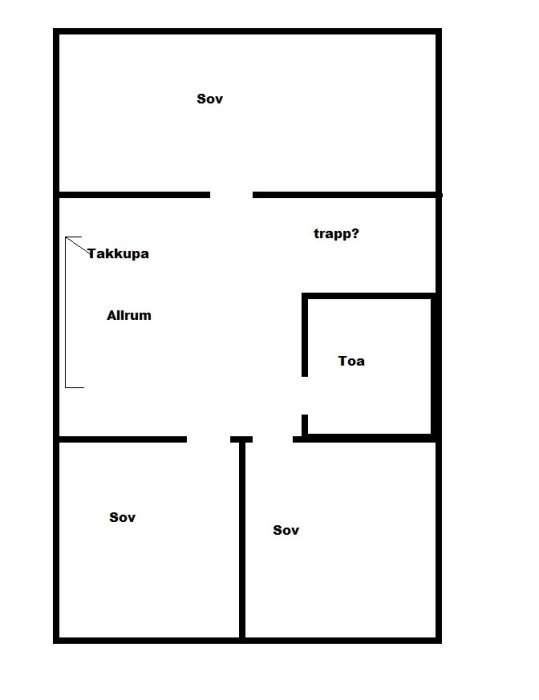 Enkel planskiss över en 1-plans villa med rumsbeteckningar som sovrum, allrum, och en potentiell plats för trappa.