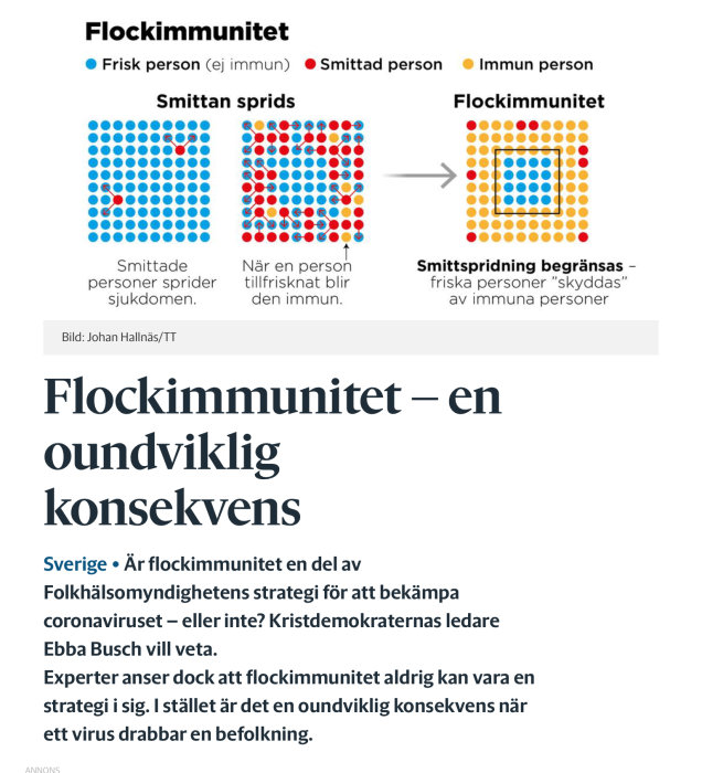 Illustration av flockimmunitet med blå friska, röda smittade och gula immuna figurer.