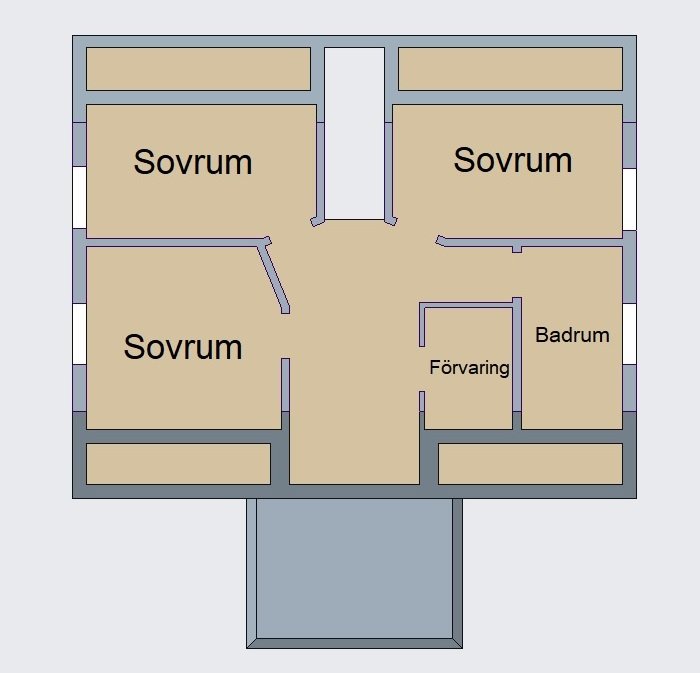 CAD-ritning av husets övervåning med tre sovrum, badrum och förvaringsutrymme.