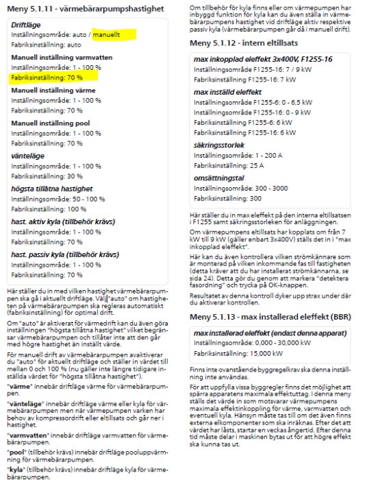 Skärmdump av inställningsmeny för värmepump med text och tabeller, som visar olika parametrar och värden för driftlägen.