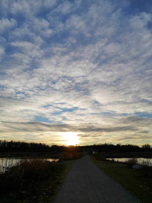 Grusväg genom motionsspår i Örebro vid solnedgång med molnig himmel och vatten.