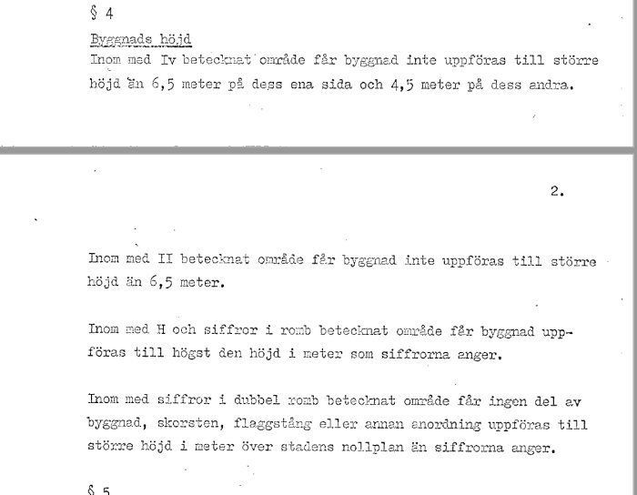 Dokument med text om byggnadshöjdsbegränsningar, förbjudet överskrida 6,5 meter.