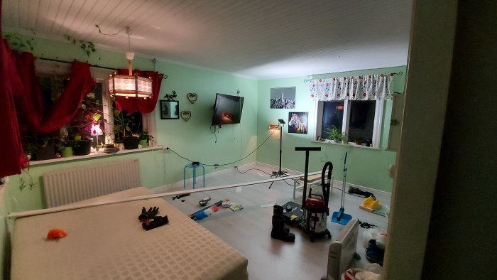 Laminatgolv och verktyg i ommöblerat rum med växter och wall art före storstädning.