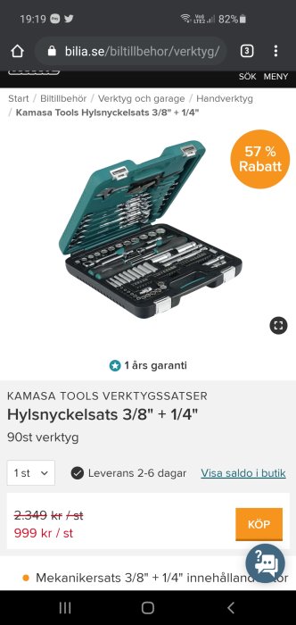 Öppen verktygslåda med Kamasa Tools hylsnyckelsats 3/8" och 1/4" med sorterade verktyg.