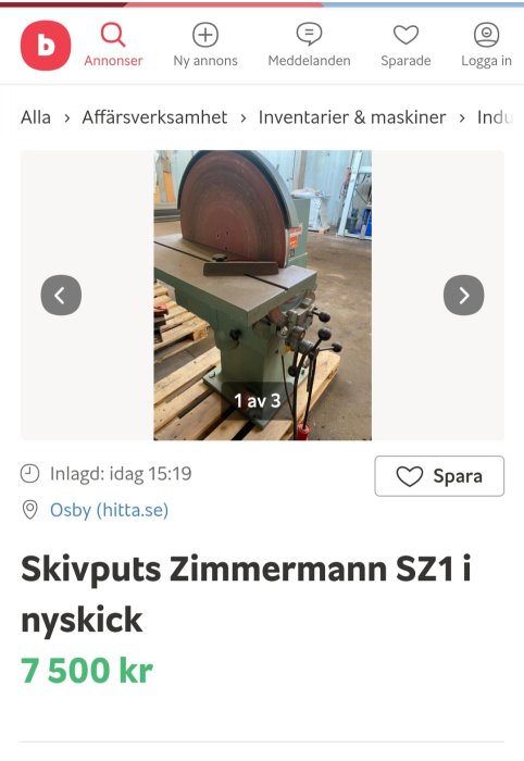 Skivputs Zimmermann SZ1 i verkstadsmiljö till salu.