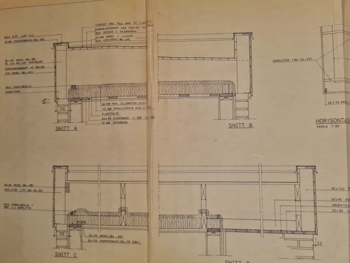 Fyra detaljritningar av takkonstruktioner med benämnda snitt och måttsättning.