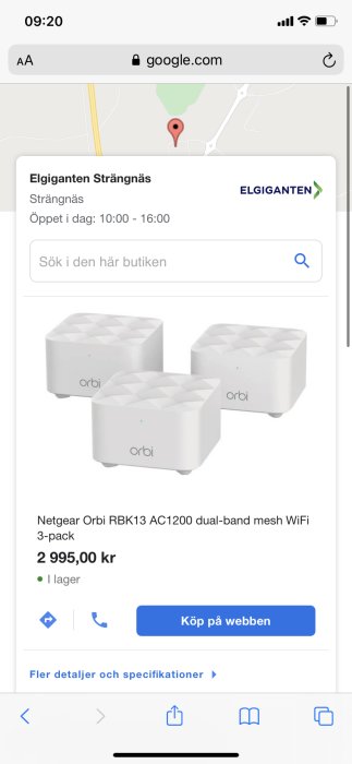 Skärmdump av Netgear Orbi RBK13 AC1200 mesh WiFi-system i 3-pack från Elgiganten webbplats.