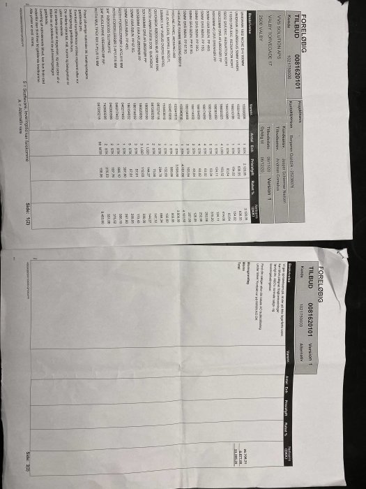 Faktura med detaljerade VVS-materialkostnader och priser på olika produkter, inklusive rör och golvbrunnar, angivna i danska kronor.