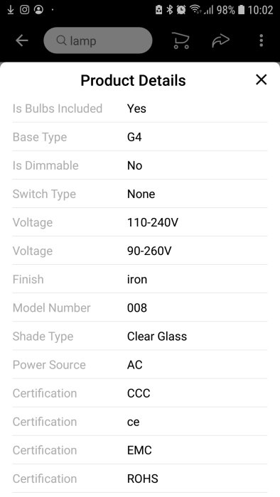 Skärmdump av produktdetaljer för en LED-lampa med specifikationer som spänning och certifieringar.