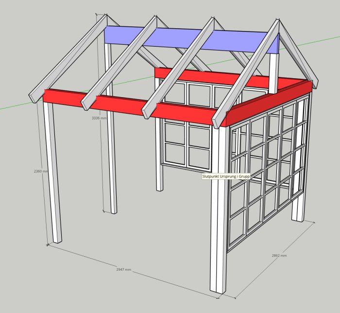 3D-ritning av en glasveranda med röda väggbalkar, blå nockbalk, vita pelare och takåsar samt måttangivelser.