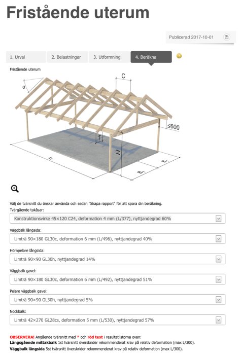 3D-ritning av en fristående glasveranda med dimensionerade limträkonstruktioner och snözon indikation.