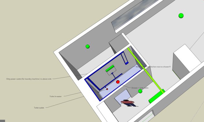 3D SketchUp modell av ett badrumsutrymme med markerade elinstallationer och VVS.