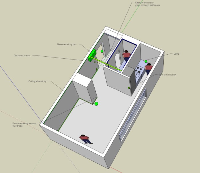 3D SketchUp-modell av ett badrum med markerade eldragningar och elinstallationer.