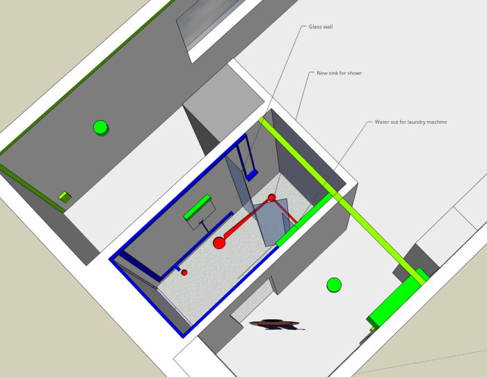 3D-rendering av en badrumsplan med markerade rördragningar och elektriska installationer.