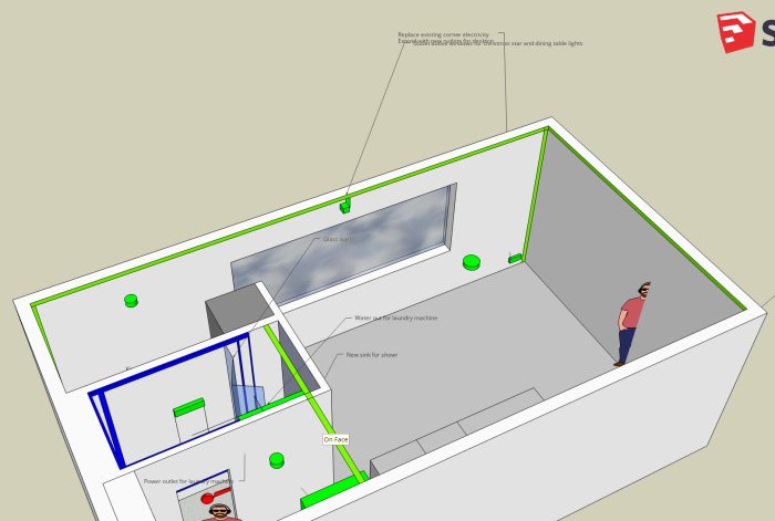 3D-ritning av planerad badrumsrenovering med markerade installationer för dusch, tvättmaskin och uttag.