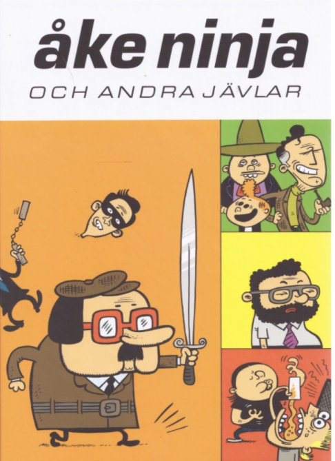 Illustration av bokomslag med karikatyrer av olika karaktärer, inklusive en man med svärd.