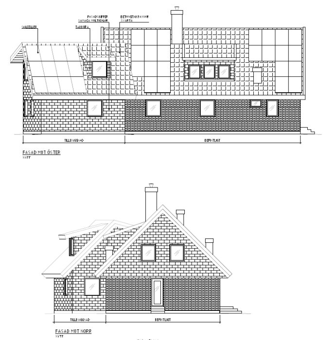 Arkitektritningar av ett hus från två vinklar som visar föreslagen utbyggnad med skevt tak och befintliga takvinklar.