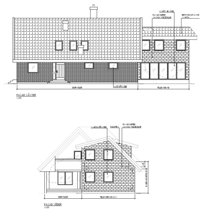 Ritningar som visar en planerad utbyggnad av ett hus med ett skevt tak och takkupa.