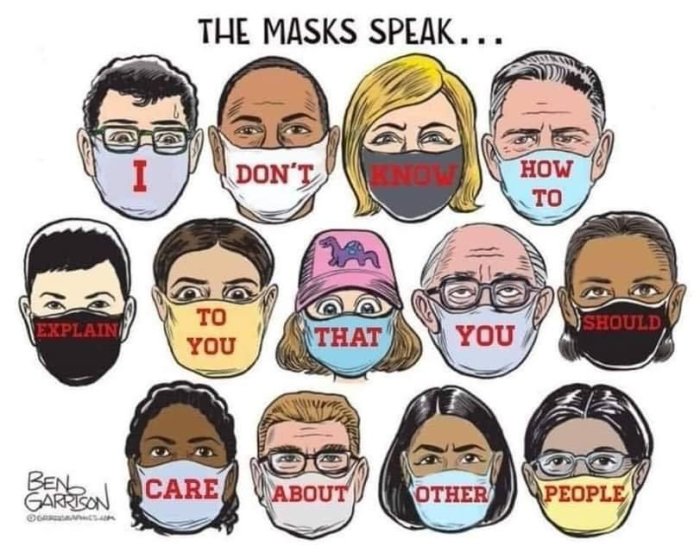 Illustration av karikatyrer med ansiktsmasker som tillsammans formar meningen "I don't know how to explain to you that you should care about other people".