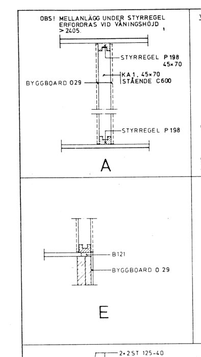 Byggteknisk ritning som visar detaljer av väggsektioner markerade med A och E inklusive mått och konstruktionskomponenter.