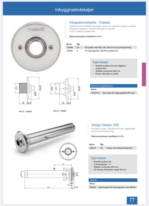 Katalogsida som visar Pahléns inloppsmunstycke och inlopp Classic 350 för pooler, komplett med tekniska ritningar och egenskaper.