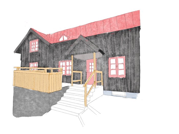 Ritning av hus med kolsvart fasad enligt yakisugi-teknik, röda fönsterkarmar, rött tak och träaltan.