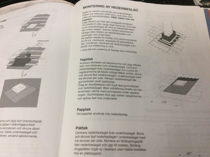 Illustration av montering för nederbeslag på tegel-, papp- och plåttak i en instruktionsmanual.