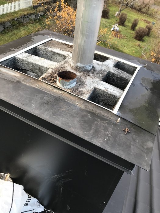 Vy över hustak med skorsten och tre rör, där det mellersta är rekommenderat för installation av kamin.