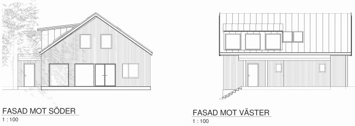 Arkitektritningar av ett 1,5-plans trähus med planerad takkupa och takfönster.