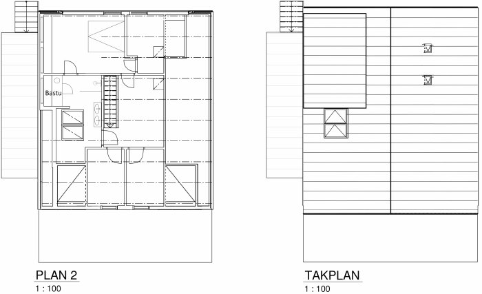 Bygglovsritningar som visar plan- och takvy för ett renoveringsprojekt av ett bostadshus.