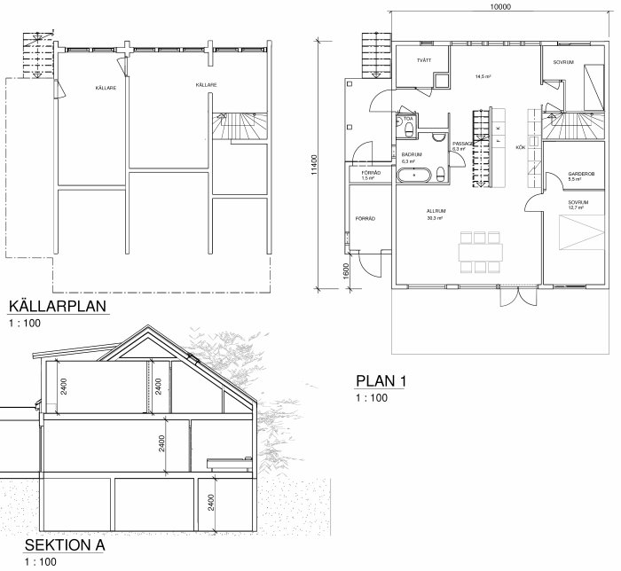 Arkitektoniska ritningar av en tvåplansvilla med detaljer för planlösning och sektioner.