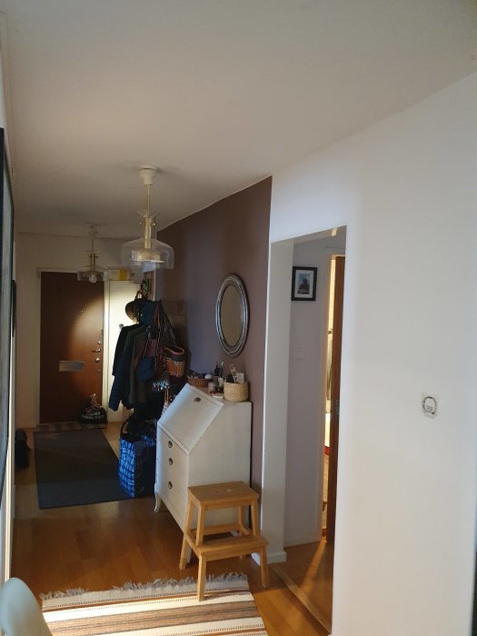 Hall i lägenhet med två taklampor, möbler och en öppen dörr, problem med fjärrströmbrytare nämns.