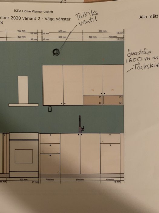 Ritning av ett Ikea-kök med Vita Veddinge-luckor och måttangivelser, inklusive placering av överskåp och tallriksventil.