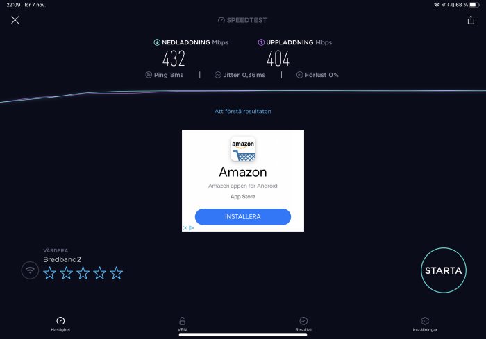 Skärmdump av hastighetstest med 432 Mbps nedladdning och 404 Mbps uppladdning via en iPad.