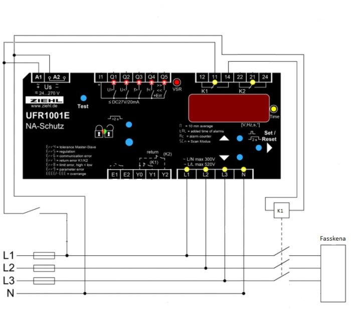 Elektriskt schema som visar anslutningar och komponenter i en skyddenhet för nätanslutning.