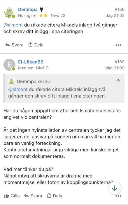 Skärmdump från diskussionsforum som visar en konversation kring elinstallationer.