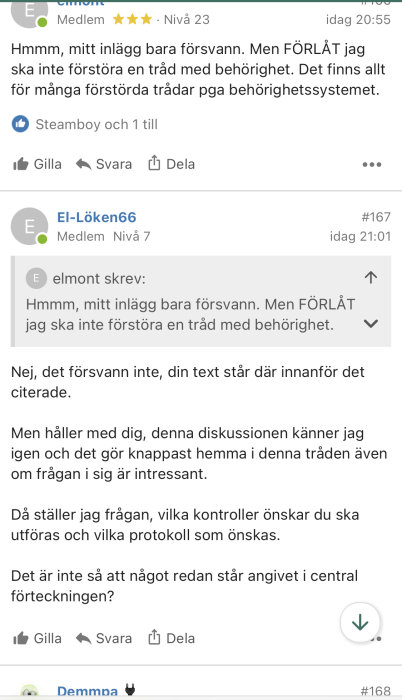 Skärmdump från diskussionsforum visar inlägg om försvunnet inlägg och behörighetssystemet.