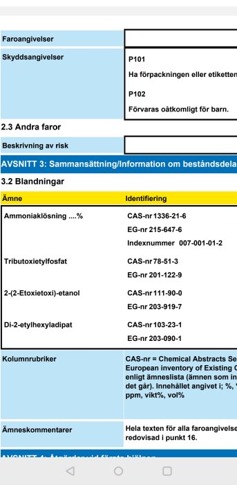 Skärmdump av säkerhetsdatablad med faro- och skyddsangivelser samt kemiska ämnens namn och identifieringsnummer.