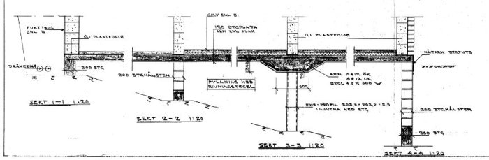 Teknisk ritning av fribärande plattkonstruktion med betonghålsten och dräneringsdetaljer.