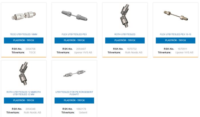 Olika typer av utbytesled för PEX-rör från märkena TECE, Uponor och Roth, visade i en online-produktkatalog.