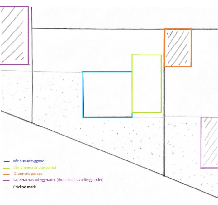 Förenklad planskiss med markeringar för befintlig byggnad, planerad utbyggnad och grannens byggnader.