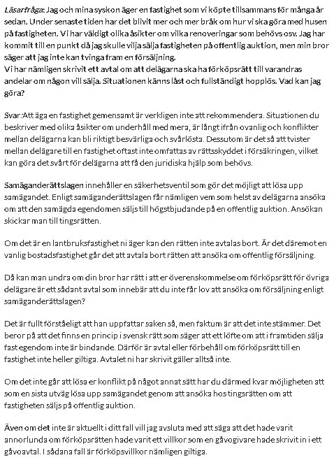 Tidningsutklipp från Örnsköldsviks Allehanda med text om förköpsrätt rörande fastighetsöverlåtelser.