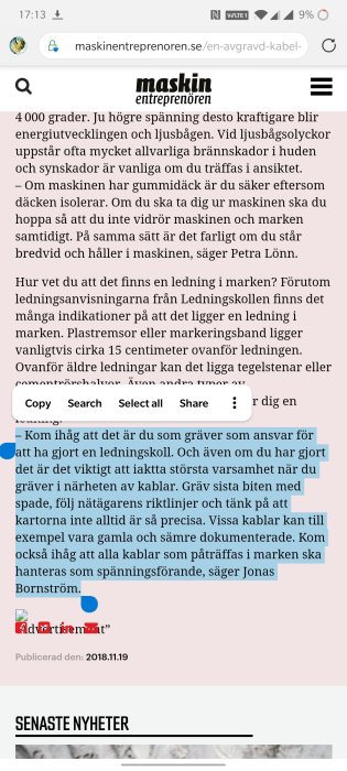 Skärmbild av en webbsida med artikel om riskerna med avgrävda kablar och betydelsen av ledningskollen.